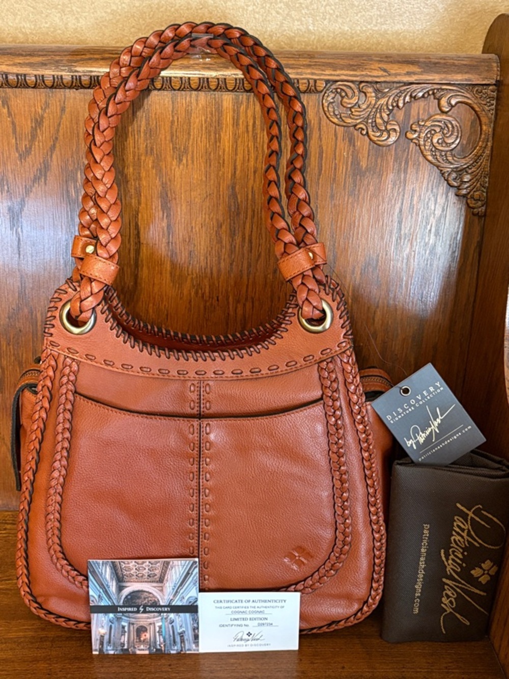 NWT-Patricia Nash-Discovery Collection-Adria Satchel-Braided Leather-Cognac-$499